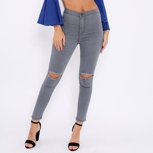 Forever 21 Grey Ripped Knee High Waist Jeans
